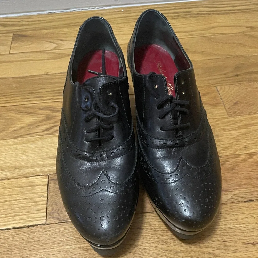 Robert Clergerie Black Leather‎ Wingtip Oxford Platform Block Heel Women's 5.5 B